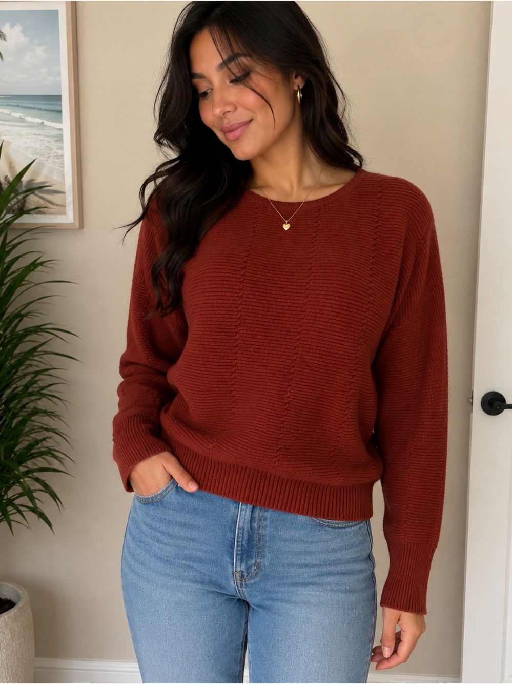 T Tahari Rust Textured Knit Sweater XL